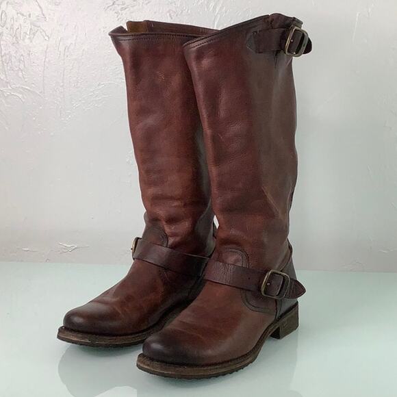 Frye Veronica Slouch Distressed Buckled oil rubbed leather tall boots Size 8 EUC - Picture 1 of 16